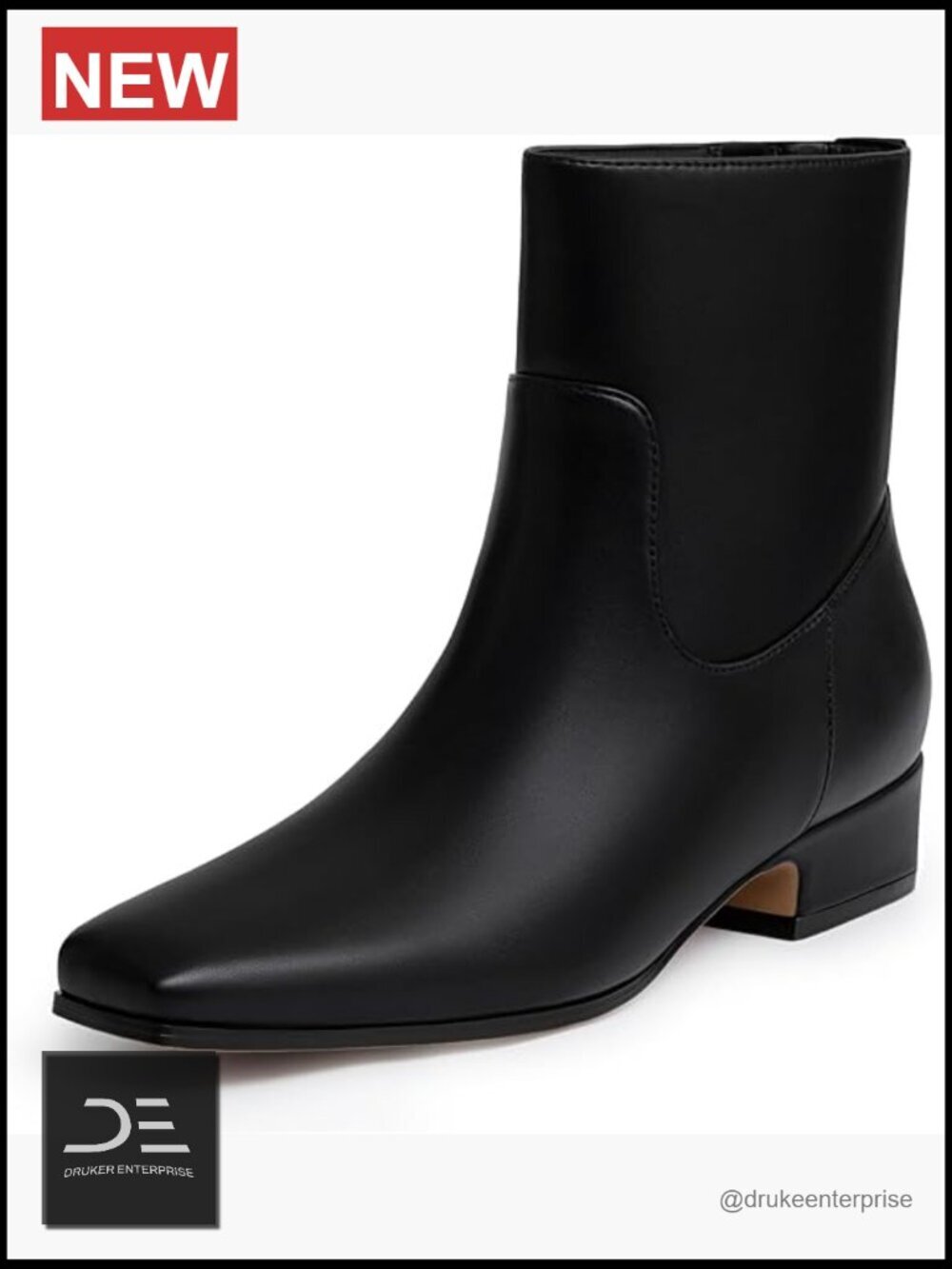 Chunky Low Heel Ankle Boots Square Toe Side Zipper Short Booties PU Leather
